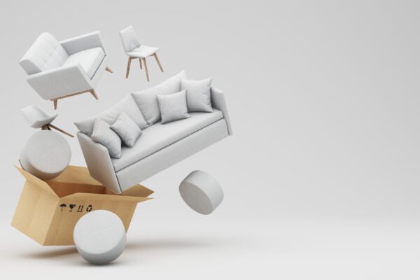interior design concept Sale of home decorations and furniture During promotions and discounts, it is surrounded by beds, sofas, armchairs and advertising spaces banner. white background. 3d render